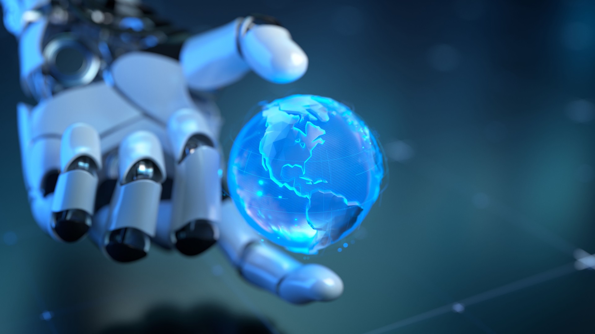 デジタル環境でホログラフィックな青い球体を持つ未来的なロボットハンド